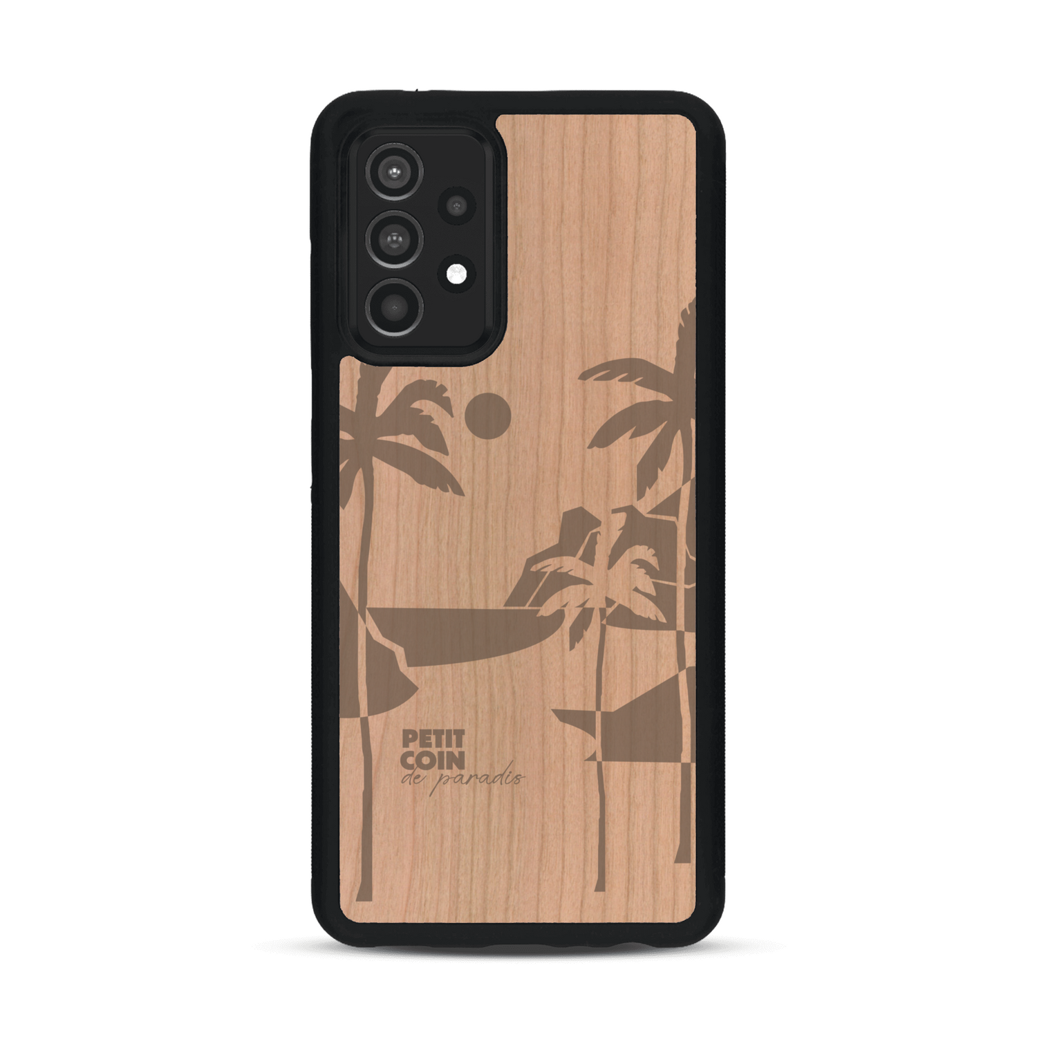 Coque de protection en bois véritable fabriquée en France pour  sur le thème des voyages en vans, vanlife et chill avec une gravure représentant un van vw combi devant le soleil couchant sur une plage avec des vagues
