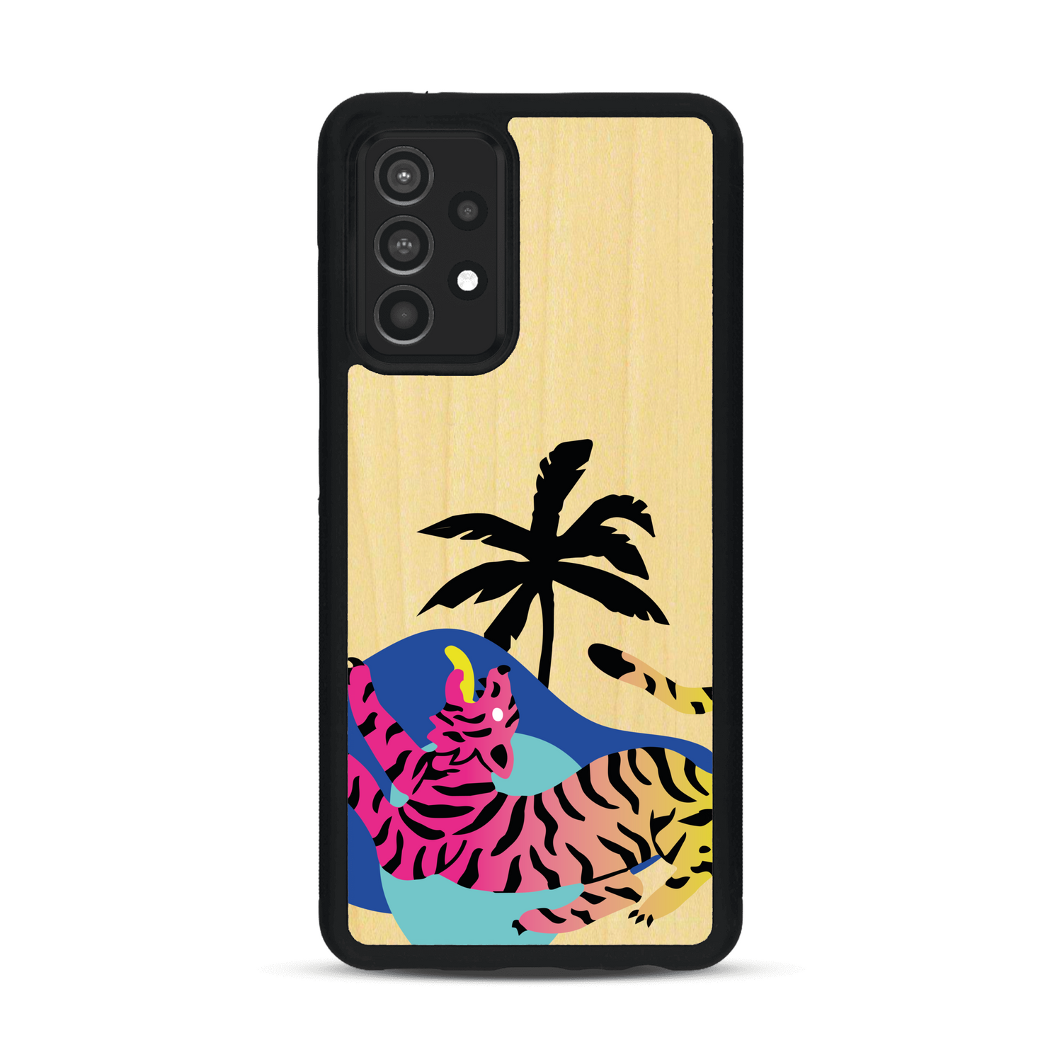 Coque de protection en bois véritable fabriquée en France pour Samsung A52 représentant un tigre coloré avec un design moderne et minimaliste sur le thème de la jungle et de la nature