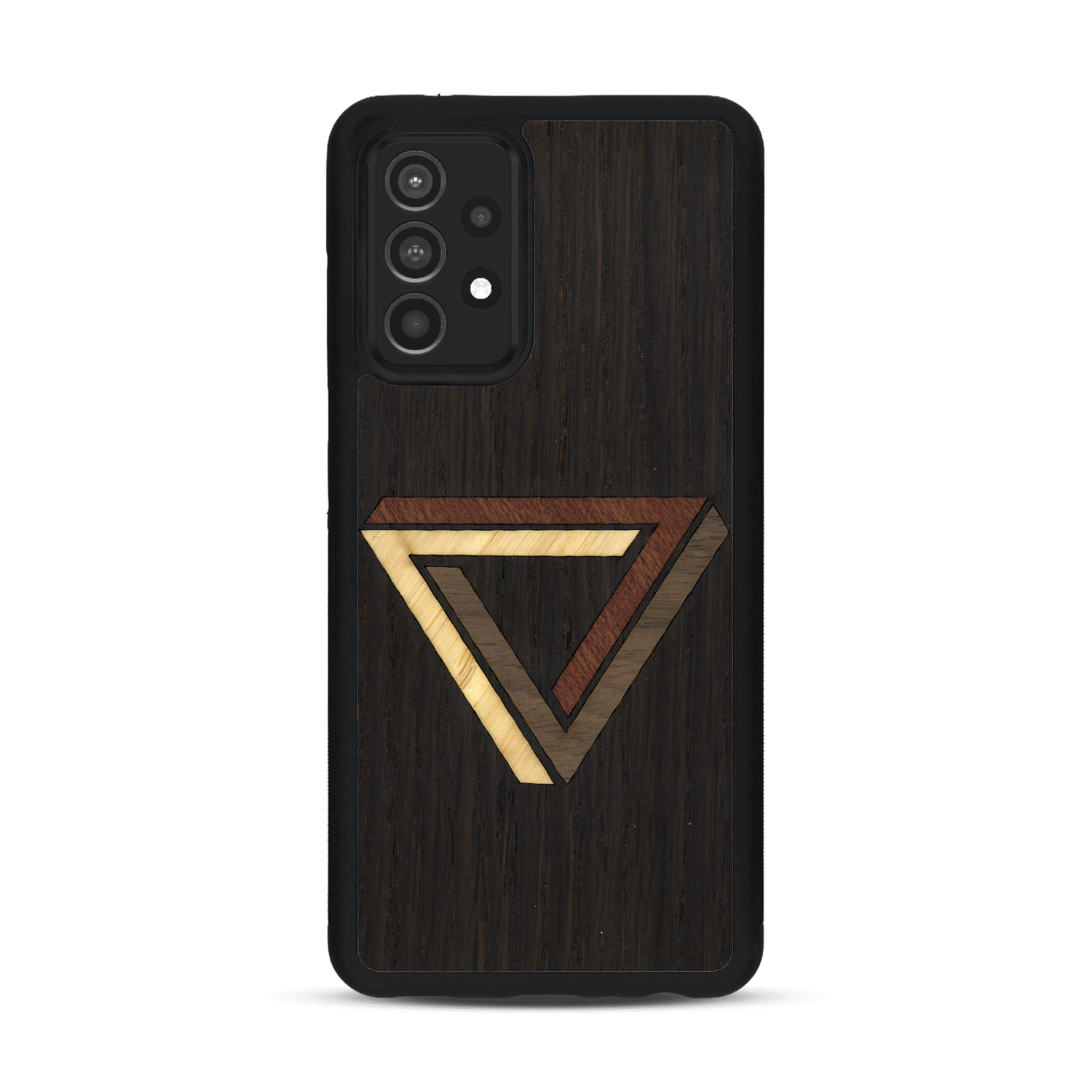 Coque de protection en bois véritable fabriquée en France pour  sur le thème de l'art géométrique qui allie du chêne fumé, du noyer, du bambou et du padouk représentant le triangle de penrose
