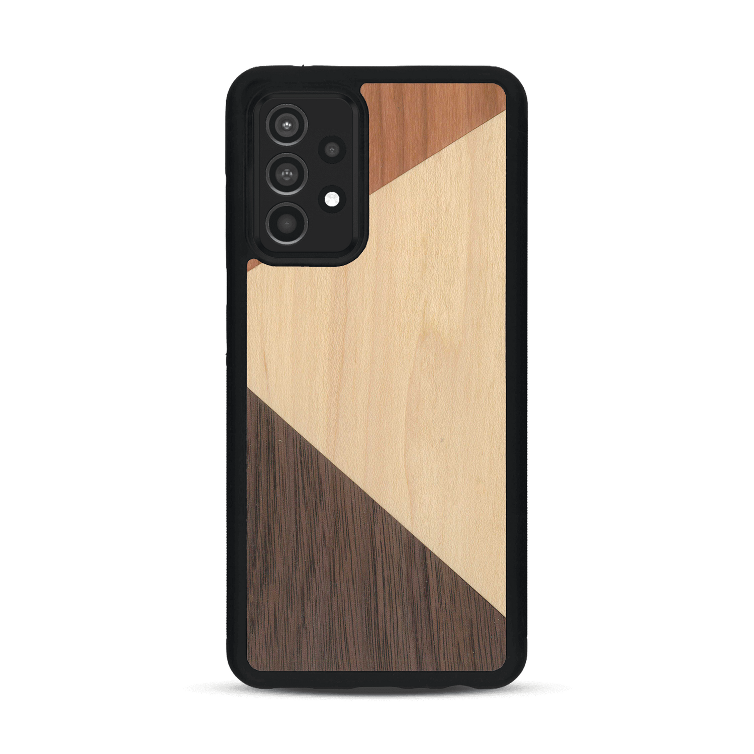Coque de protection en bois véritable fabriquée en France pour  alliant du merisier, du noyer et du bambou formant chacun deux triangles et un trapèze avec deux jointures en diagonale sur le thème de l'art abstrait