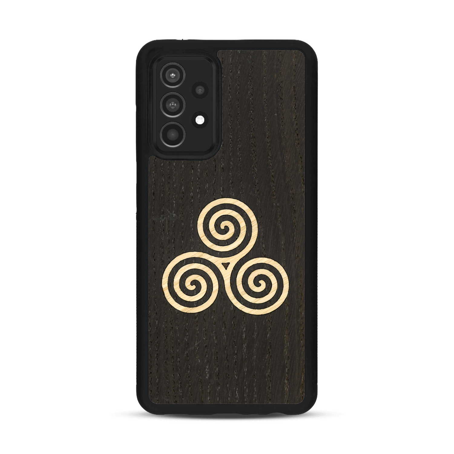 Coque de protection en bois véritable fabriquée en France pour  alliant du chêne fumé et du bambou et doré représentant un triskell