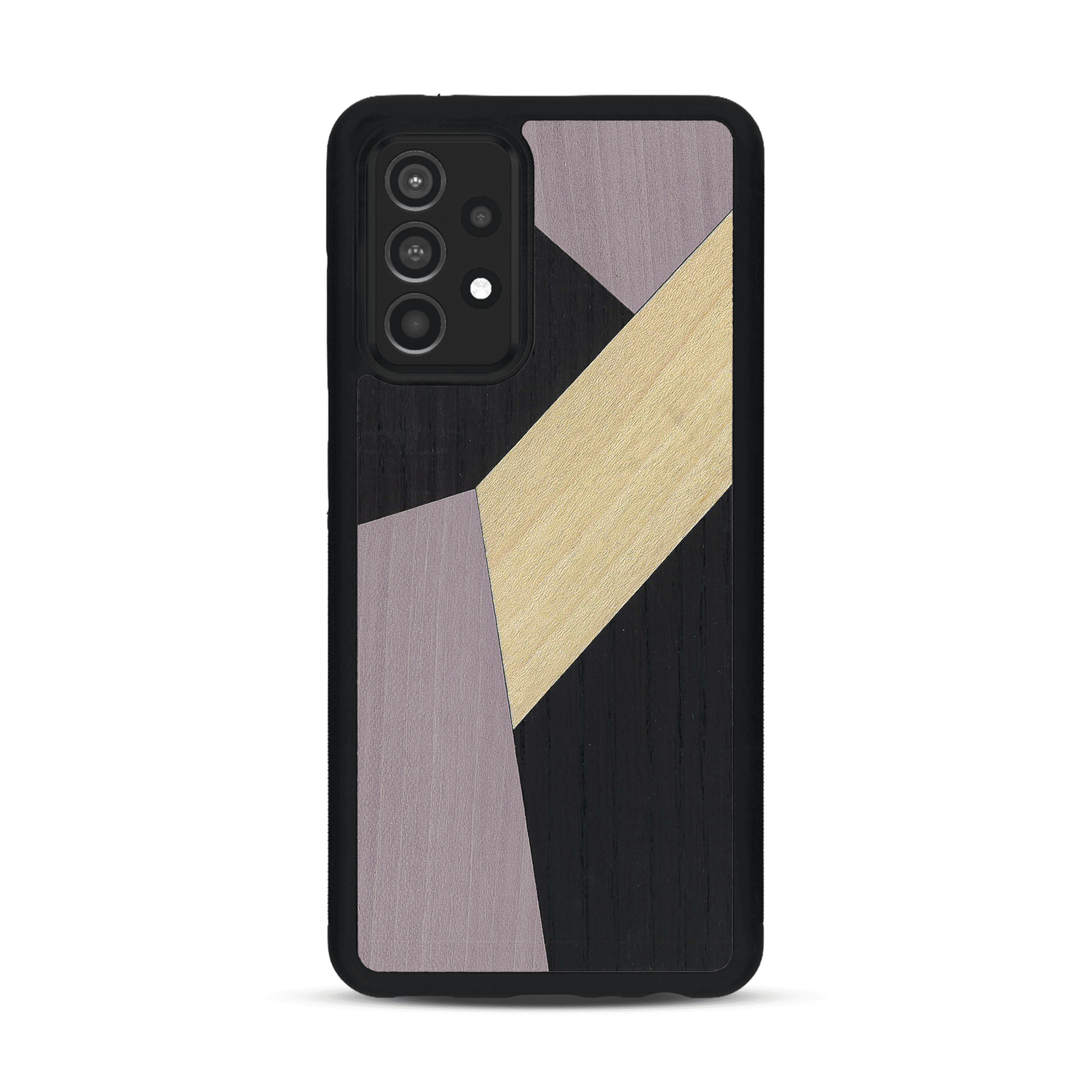 Coque de protection en bois véritable fabriquée en France pour  alliant du bambou, du tulipier mauve et noir en forme de mosaïque minimaliste sur le thème de l'art abstrait