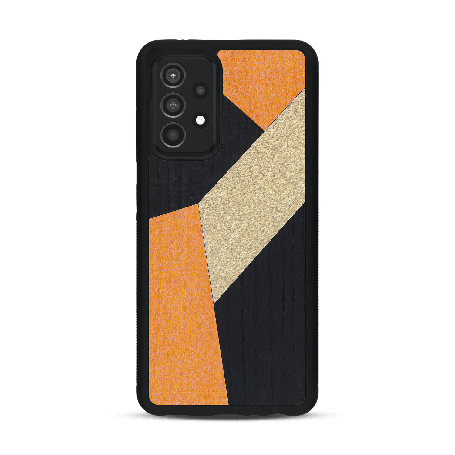Coque de protection en bois véritable fabriquée en France pour  alliant du bambou, du tulipier orange et noir en forme de mosaïque minimaliste sur le thème de l'art abstrait