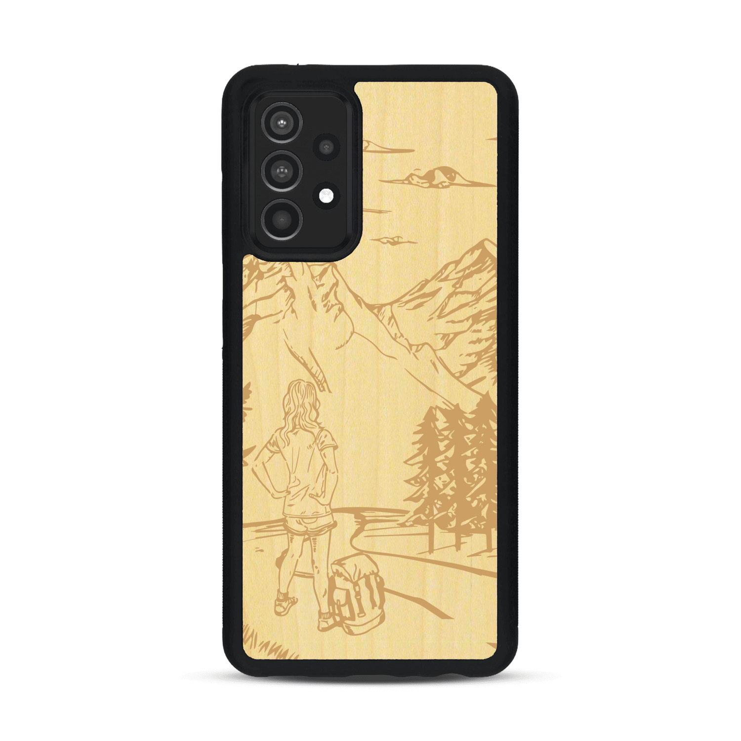 Coque de protection en bois véritable fabriquée en France pour  sur le thème de la randonnée en montagne et de l'aventure avec une gravure représentant une femme de dos face à un paysage de nature