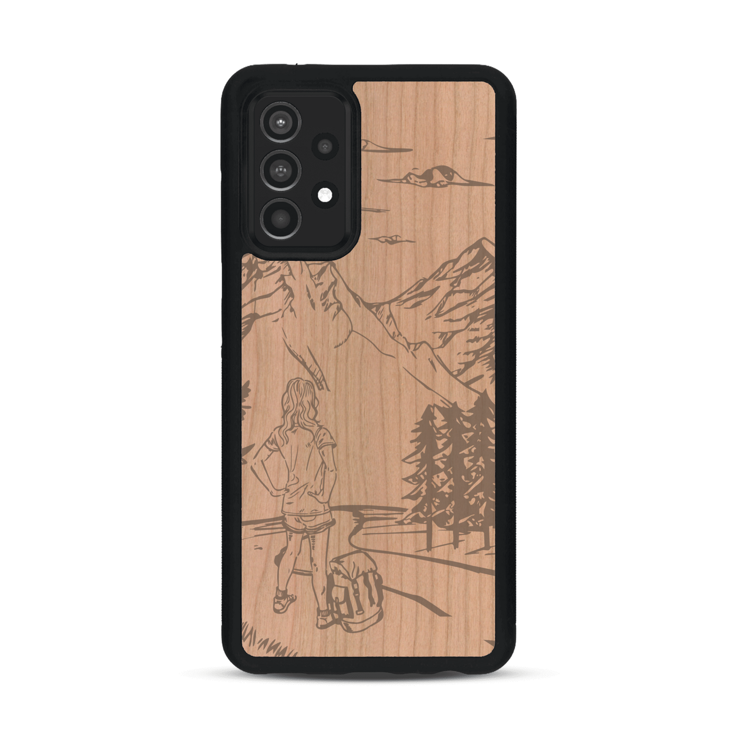 Coque de protection en bois véritable fabriquée en France pour  sur le thème de la randonnée en montagne et de l'aventure avec une gravure représentant une femme de dos face à un paysage de nature