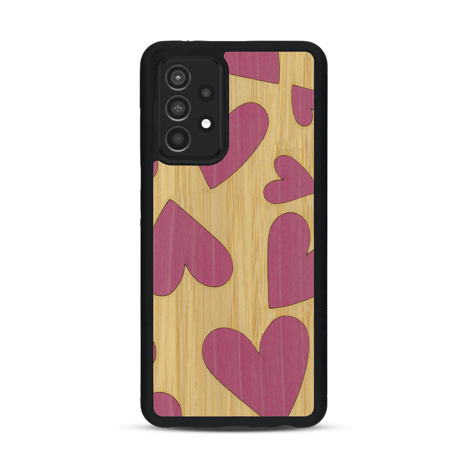 Coque de protection en bois véritable fabriquée en France pour  alliant plusieurs essences de bois pour représenter des coeurs pour les amoureux