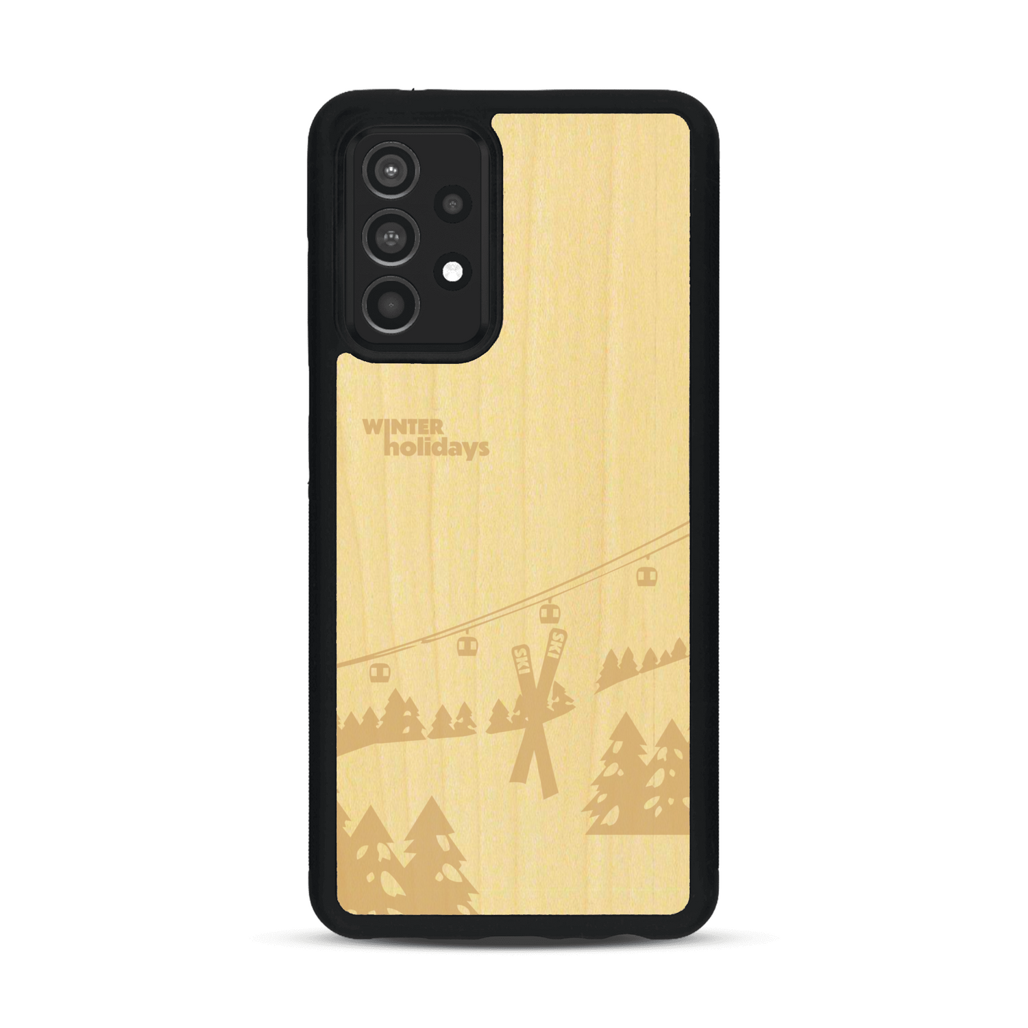 Coque de protection en bois véritable fabriquée en France pour  sur le thème de la montagne, du ski et de la neige avec un motif représentant une paire de ski plantée dans la neige avec en fond des montagnes enneigées