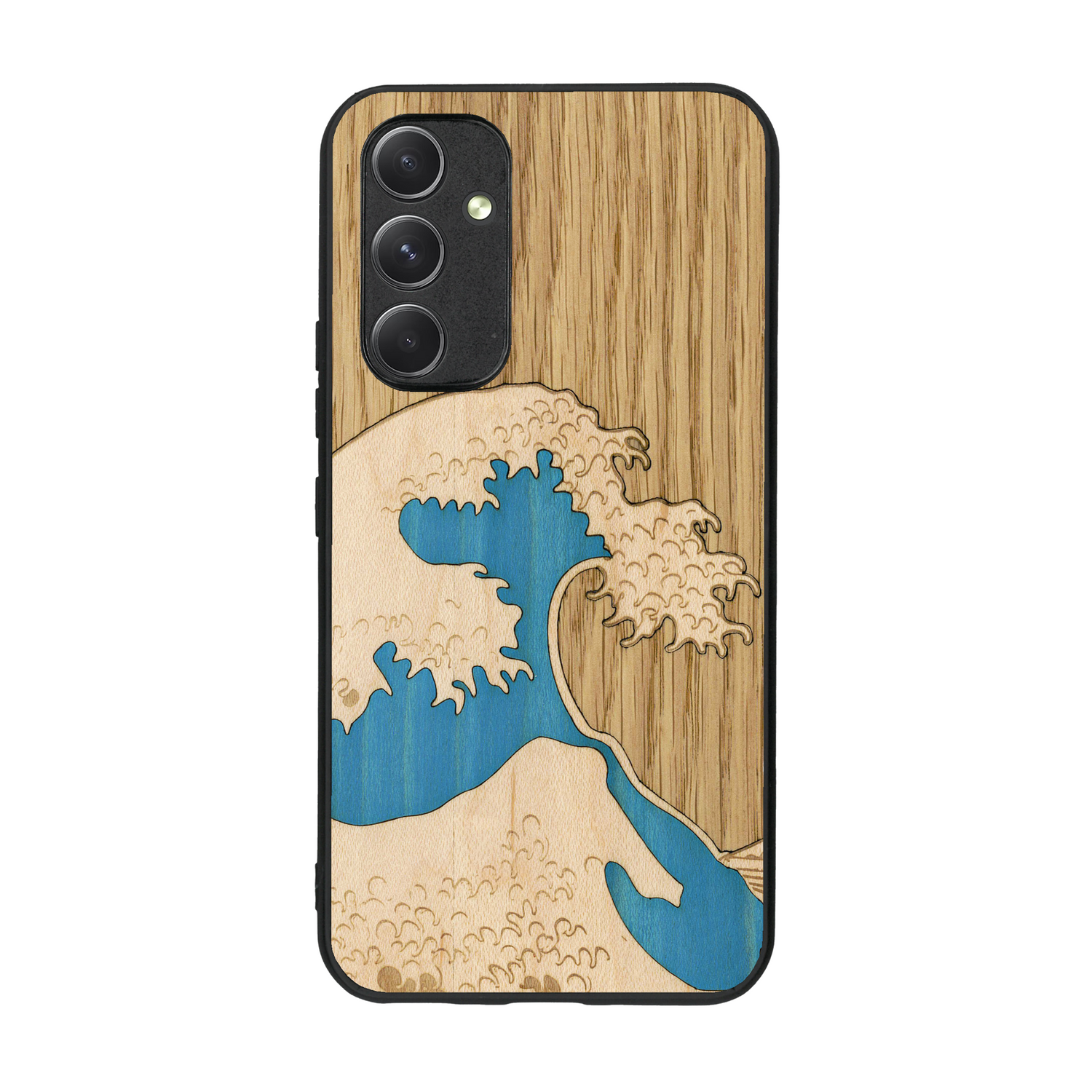 Coque de protection en bois véritable fabriquée en France pour  alliant plusieurs essences de bois pour représenter la célèbre grande vague de Kanagawa