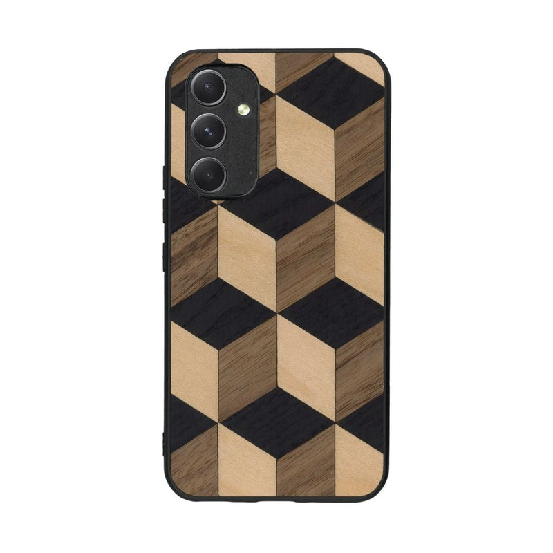Coque de protection en bois véritable fabriquée en France pour Samsung A54 5G alliant plusieurs essences de bois pour représenter un classique intemporel de la marqueterie