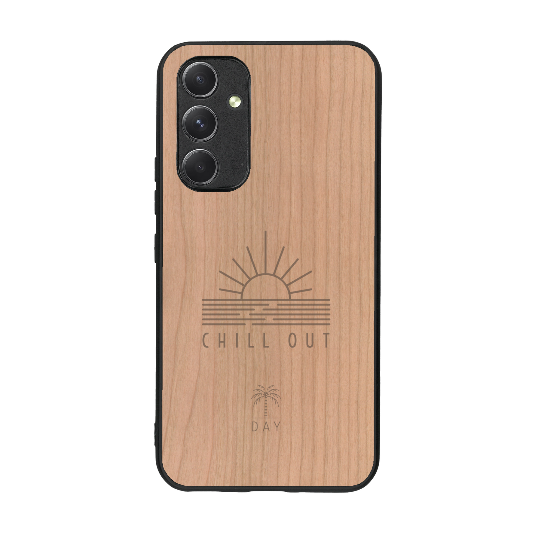 Coque de protection en bois véritable fabriquée en France pour  sur le thème chill avec un motif représentant un couché de soleil sur l'océan et la phrase "Chill out"