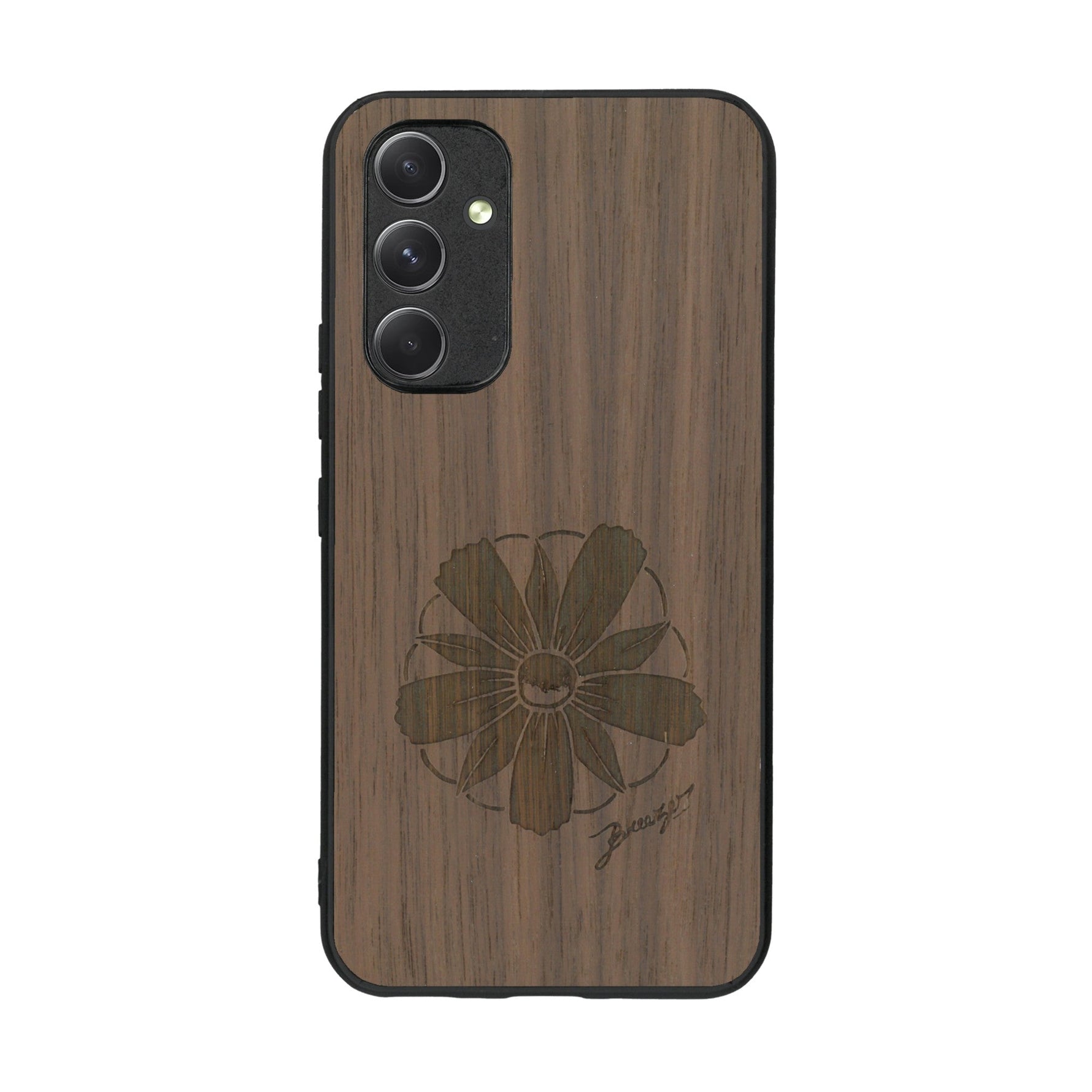 Coque de protection en bois véritable fabriquée en France pour Samsung A54 5G sur le thème des fleurs et de la montagne avec un motif de gravure représentant les pétales d'une fleur des montagnes
