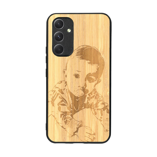 Coque de protection en bois véritable fabriquée en France pour Samsung A54 5G avec gravure personnalisée à partir d'une photo, d'une image, d'un logo, des initials ou d'une phrase