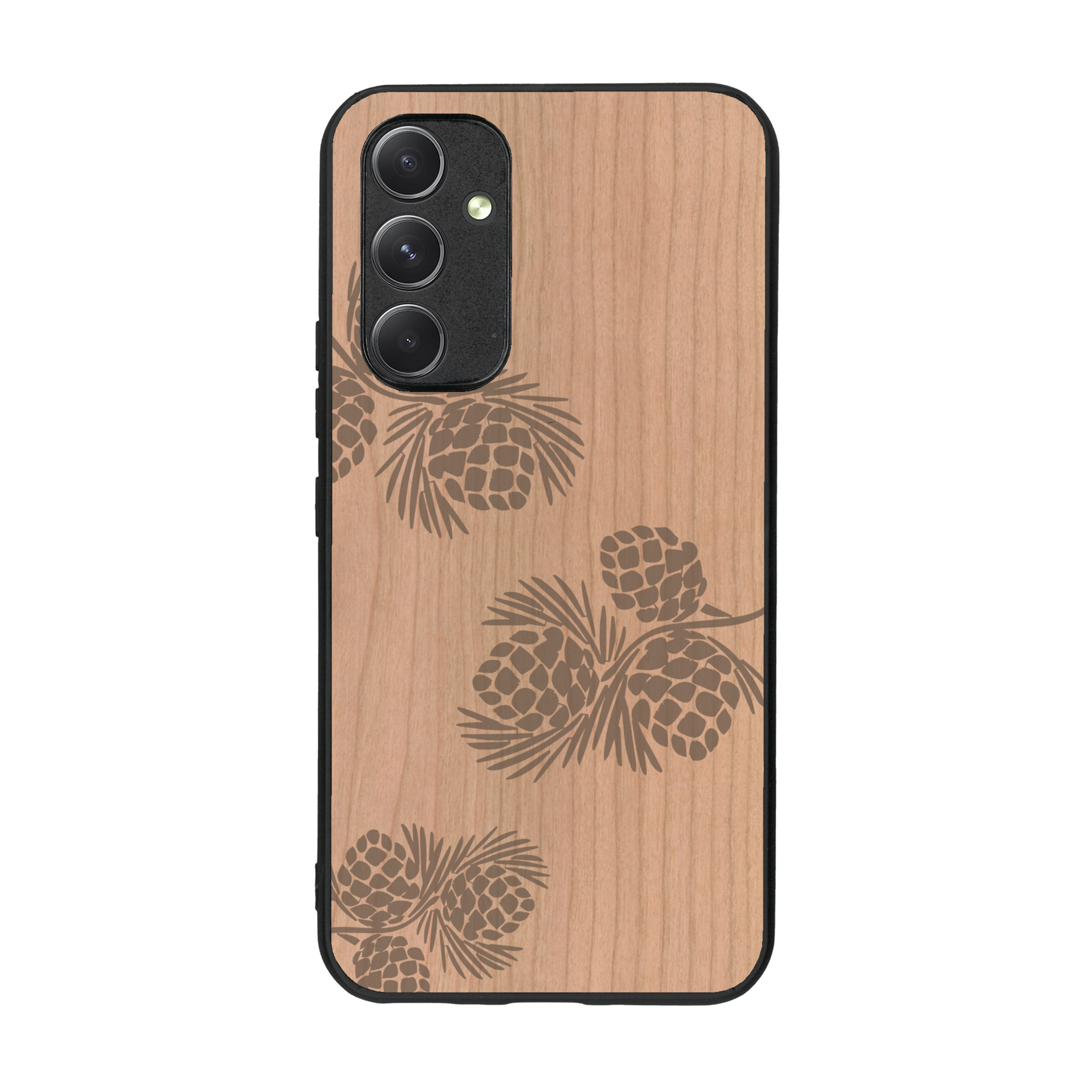Coque de protection en bois véritable fabriquée en France pour  sur le thème de la nature des arbres avec un motif de gravure représentant des épines de sapin et des pommes de pin