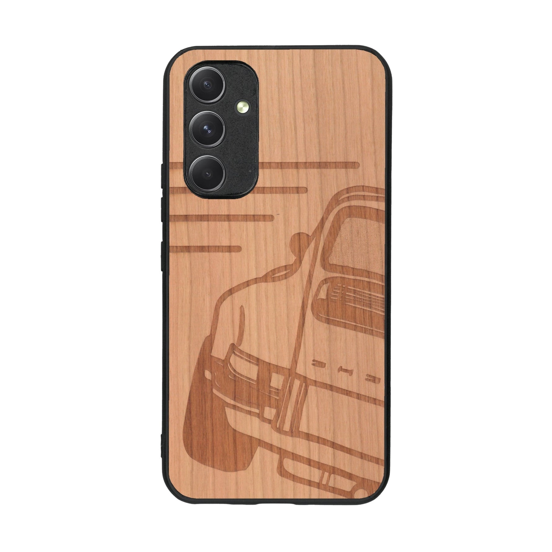 Coque de protection en bois véritable fabriquée en France pour Samsung A54 5G sur le thème de l'automobile avec une authentique Porsche