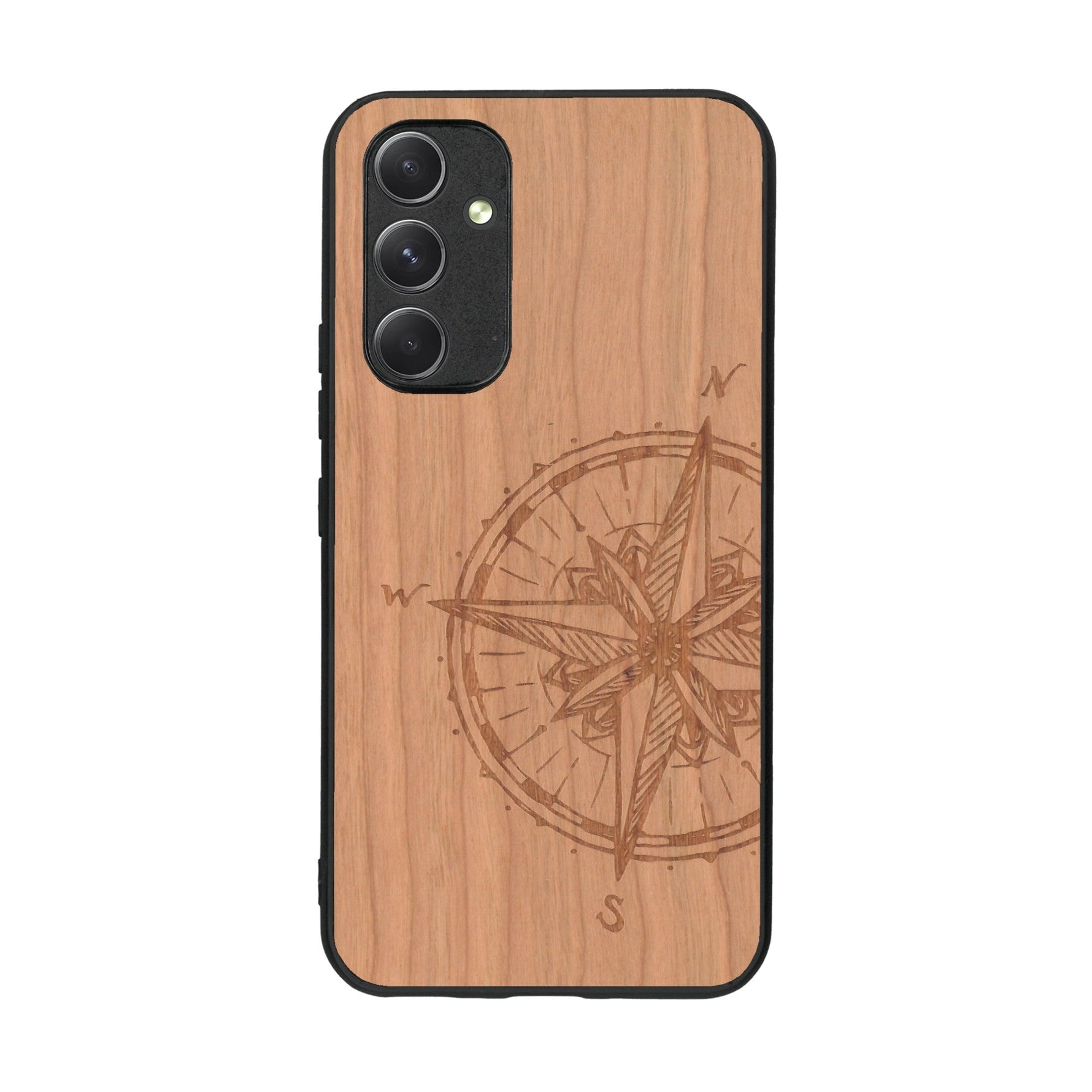 Coque de protection en bois véritable fabriquée en France pour Samsung A54 5G avec une gravure "rose des vents" sur le thème nautique et de l'océan qui s'inspire des boussoles de pirate