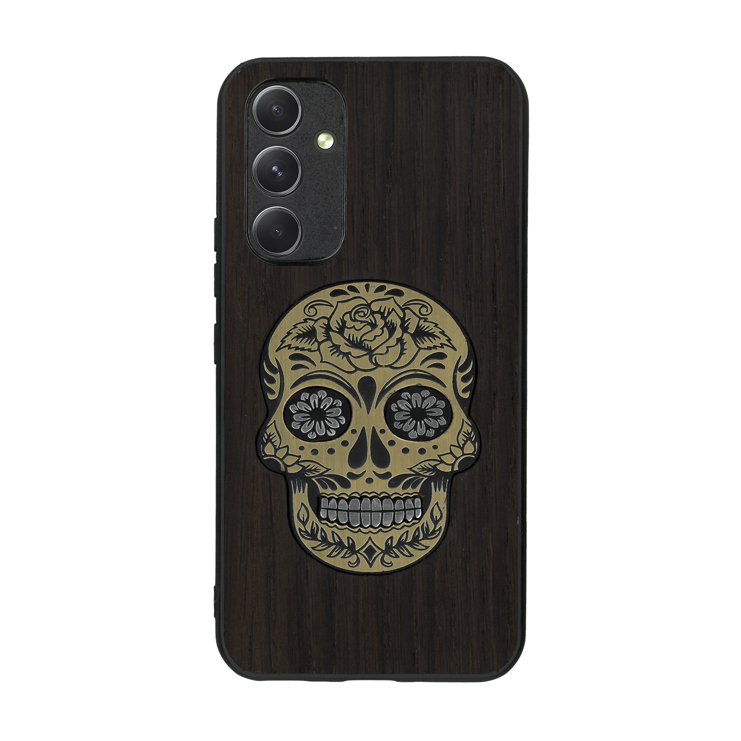 Coque de protection en bois véritable fabriquée en France pour  alliant du chêne fumé avec du métal argenté et doré représentant une tête de mort mexicaine sur le thème Dia de los Muertos
