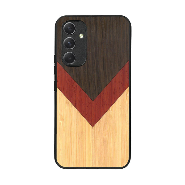 Coque de protection en bois véritable fabriquée en France pour Samsung A54 5G alliant du chêne fumé, du padouk et du bambou en forme de chevron sur le thème de l'art abstrait