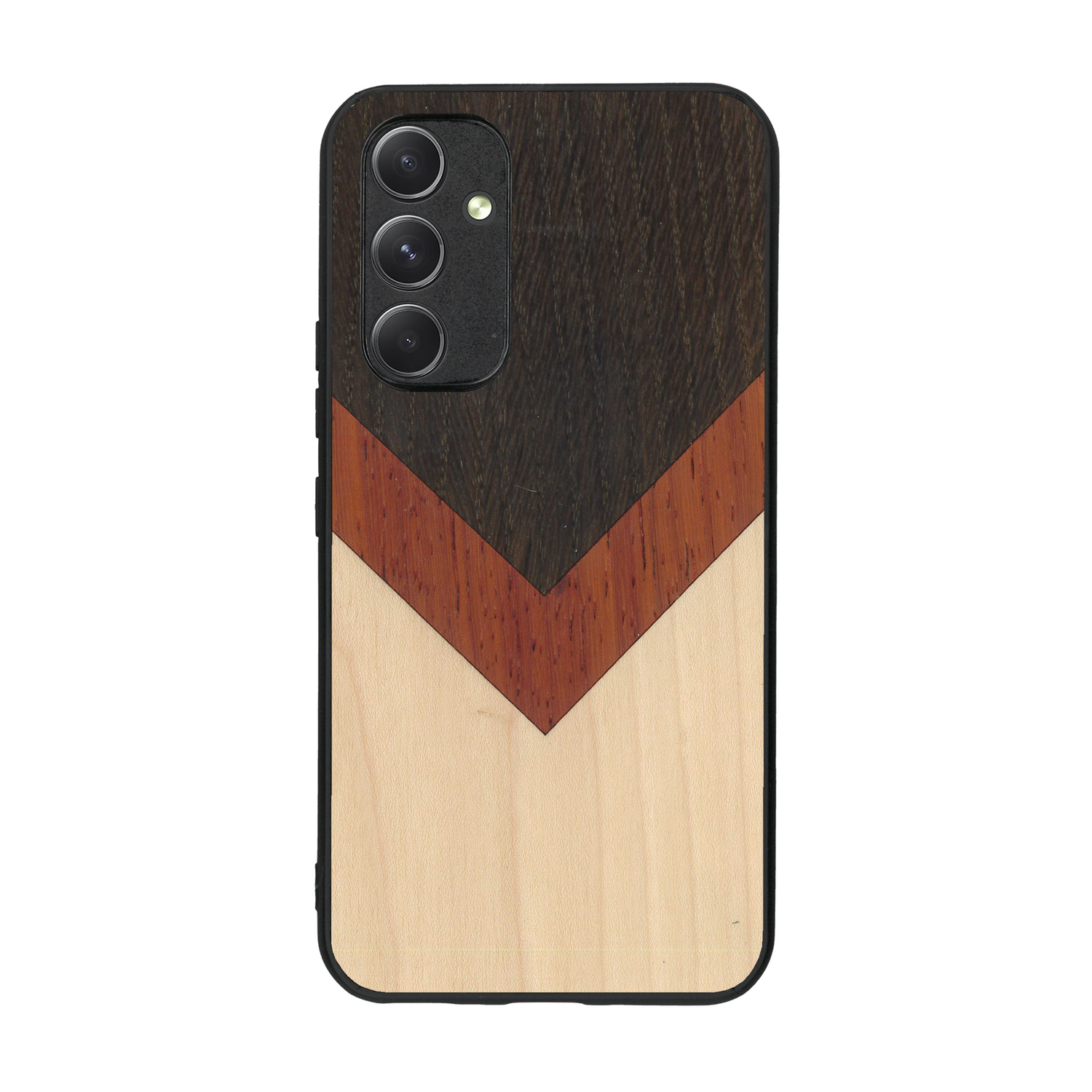Coque de protection en bois véritable fabriquée en France pour  alliant du chêne fumé, du padouk et du bambou en forme de chevron sur le thème de l'art abstrait