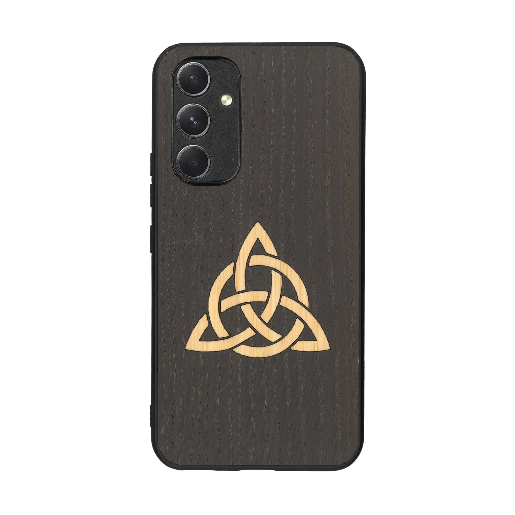 Coque de protection en bois véritable fabriquée en France pour Samsung A54 5G alliant du chêne fumé et du bambou représentant une triquetra