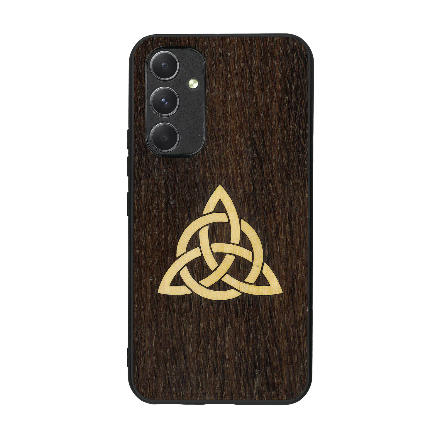 Coque de protection en bois véritable fabriquée en France pour  alliant du chêne fumé et du bambou représentant une triquetra