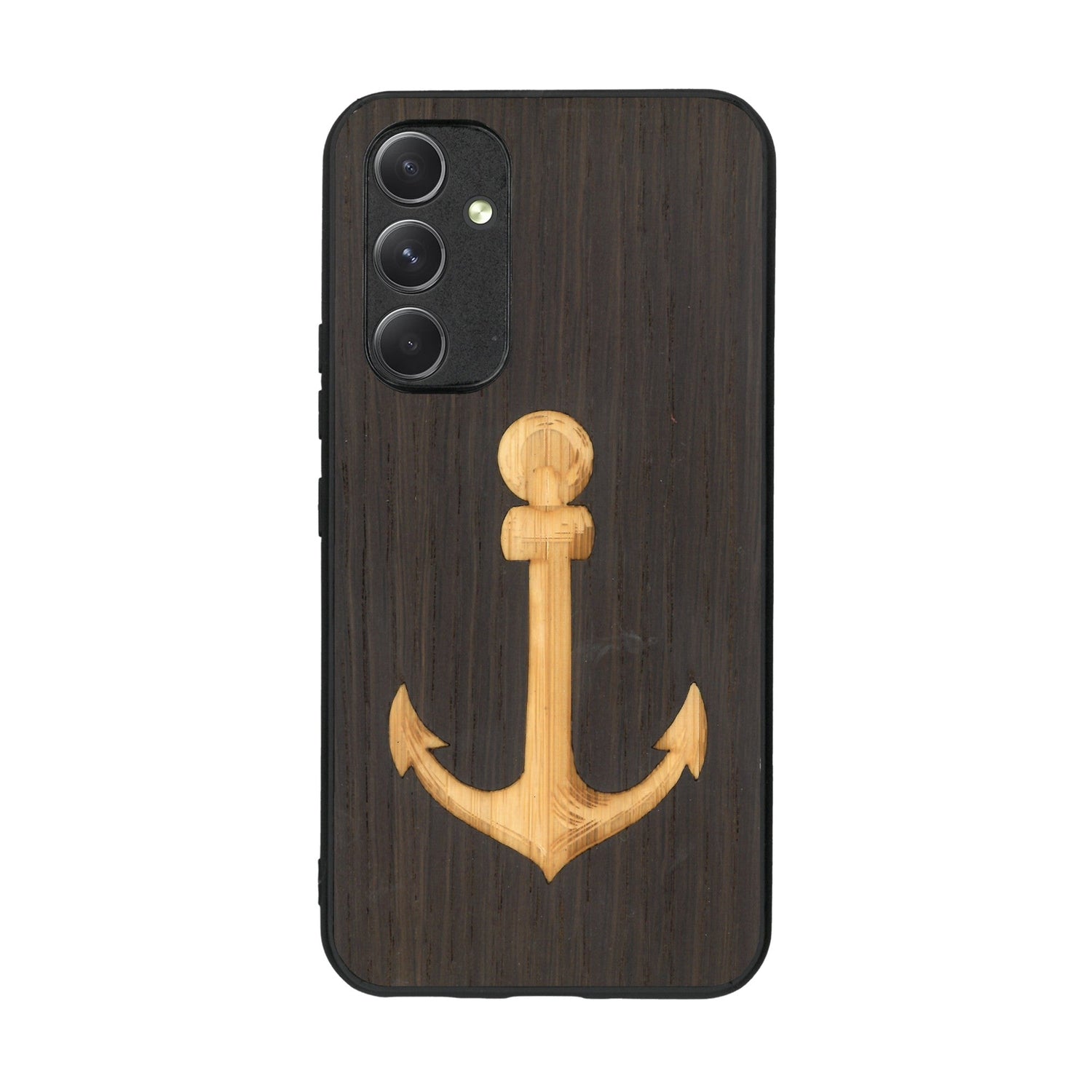 Coque de protection en bois véritable fabriquée en France pour Samsung A54 5G sur le thème nautique avec un bois clair et un bois foncé représentant une ancre de bateau