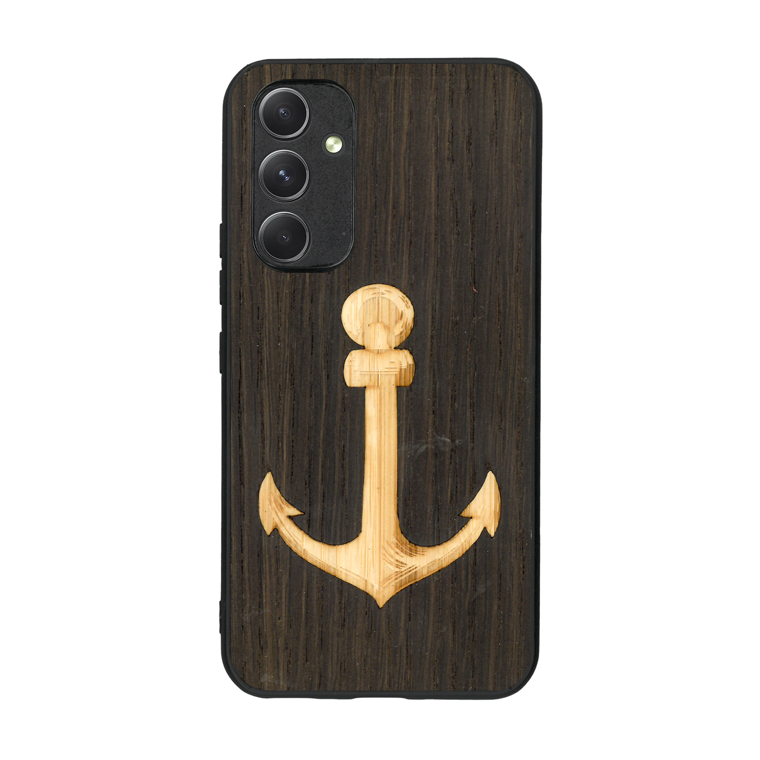 Coque de protection en bois véritable fabriquée en France pour  sur le thème nautique avec un bois clair et un bois foncé représentant une ancre de bateau