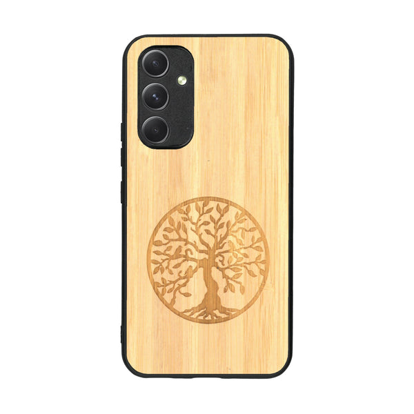 Coque de protection en bois véritable fabriquée en France pour Samsung A54 5G sur le thème de la spiritualité et du yoga avec une gravure zen représentant un arbre de vie