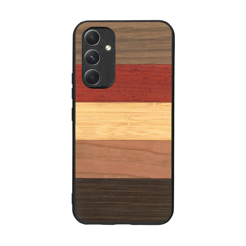 Coque de protection en bois véritable fabriquée en France pour Samsung A54 5G alliant des bandes horizontales de bambou, merisier, padouk, noyer et chêne fumé