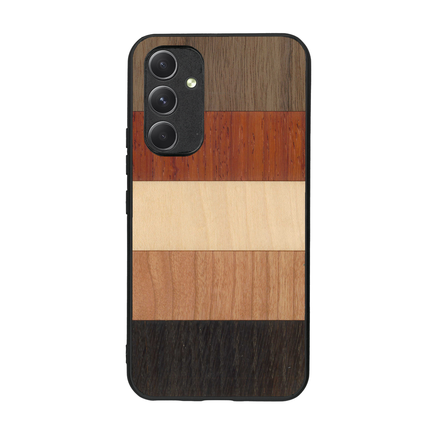 Coque de protection en bois véritable fabriquée en France pour  alliant des bandes horizontales de bambou, merisier, padouk, noyer et chêne fumé