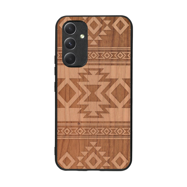 Coque de protection en bois véritable fabriquée en France pour Samsung A54 5G avec des motifs géométriques s'inspirant des temples aztèques, mayas et incas