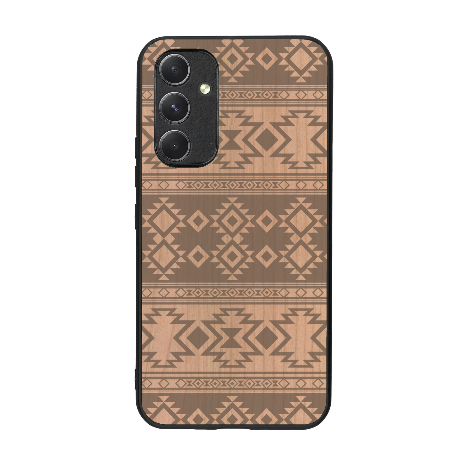 Coque de protection en bois véritable fabriquée en France pour  avec des motifs géométriques s'inspirant des temples aztèques, mayas et incas
