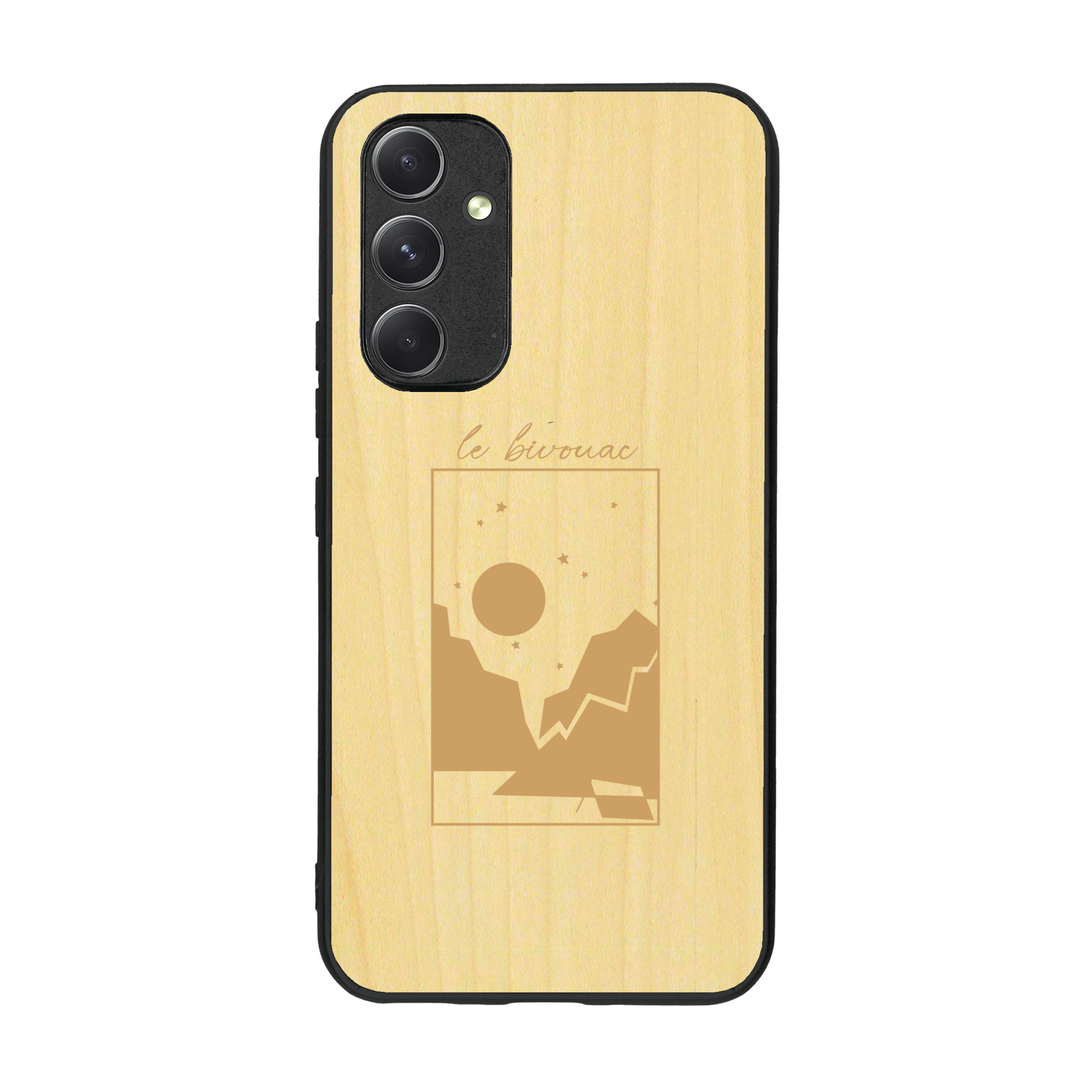 Coque de protection en bois véritable fabriquée en France pour  sur le thème du camping en pleine nature et du bivouac avec la phrase "Aventure is out there"
