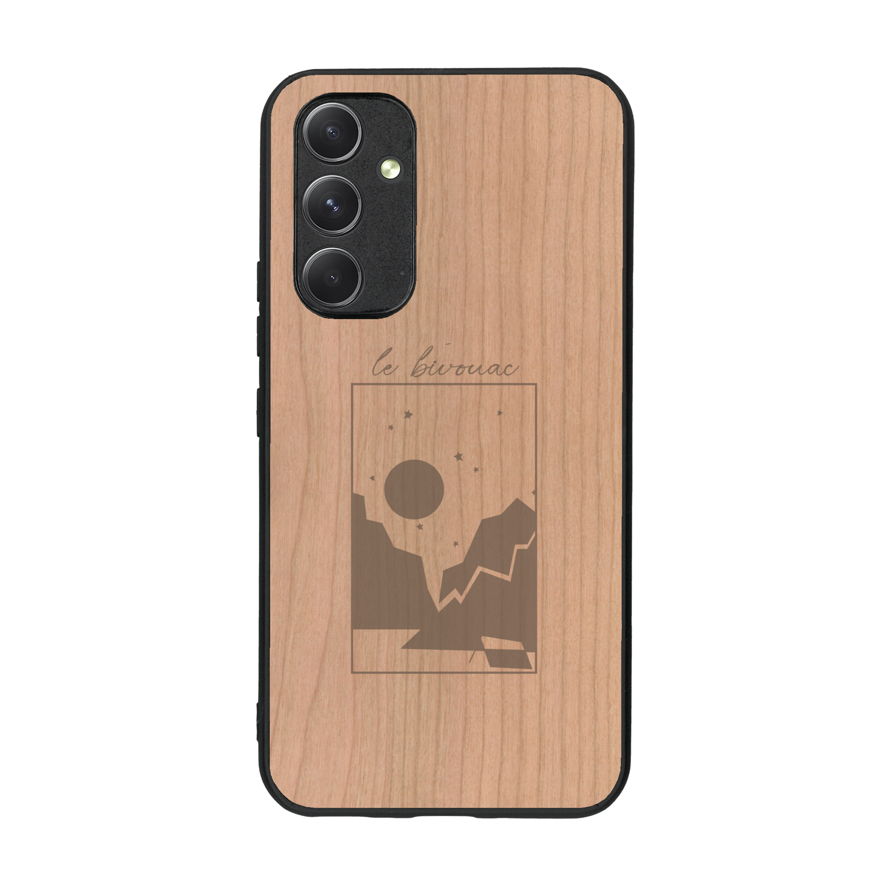 Coque de protection en bois véritable fabriquée en France pour  sur le thème du camping en pleine nature et du bivouac avec la phrase "Aventure is out there"