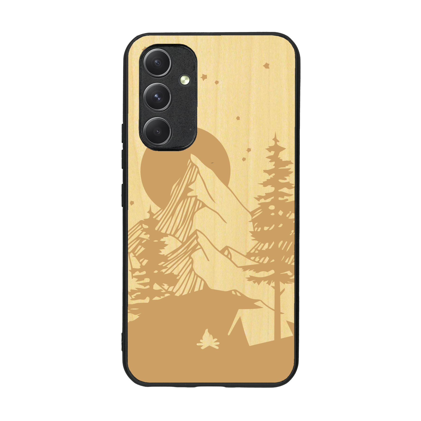 Coque de protection en bois véritable fabriquée en France pour  sur le thème du camping en pleine nature représentant une tente avec un feu de camp entouré de montagnes