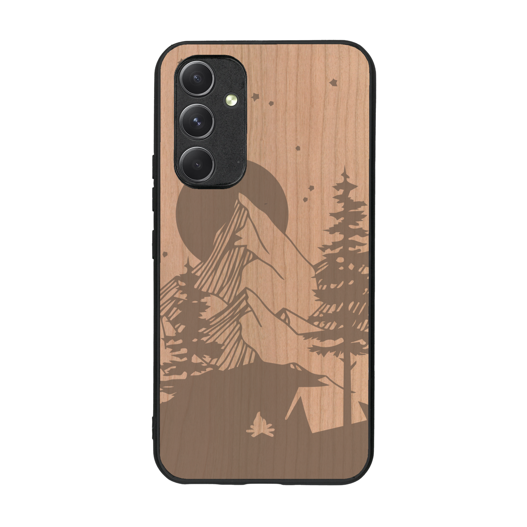 Coque de protection en bois véritable fabriquée en France pour  sur le thème du camping en pleine nature représentant une tente avec un feu de camp entouré de montagnes