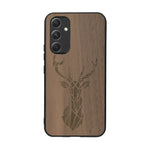 Coque de protection en bois véritable fabriquée en France pour Samsung A54 5G sur le thème de la nature et des animaux représentant une tête de cerf gométrique avec un design moderne et minimaliste