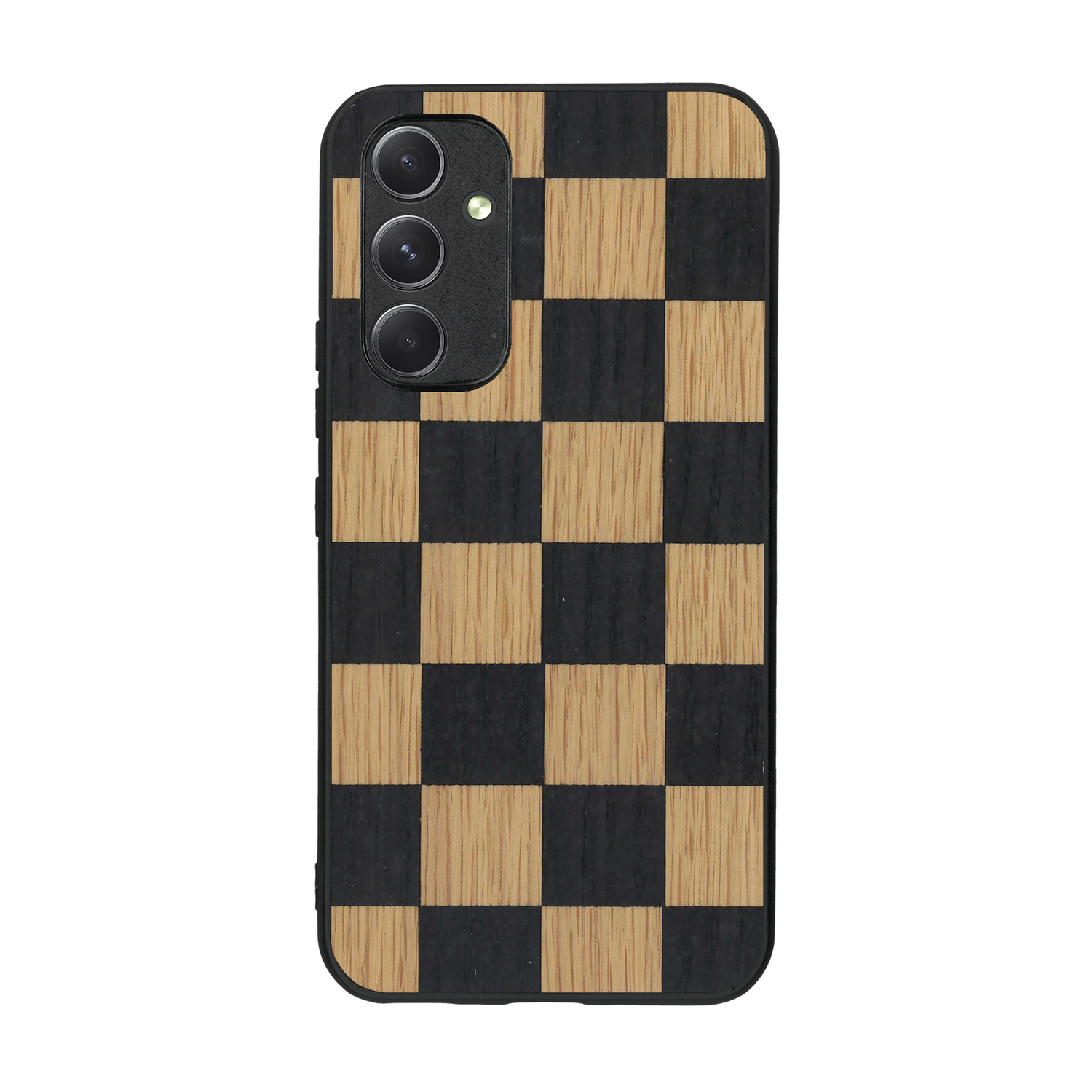 Coque de protection en bois véritable fabriquée en France pour  alliant plusieurs essences de bois pour représenter un damier