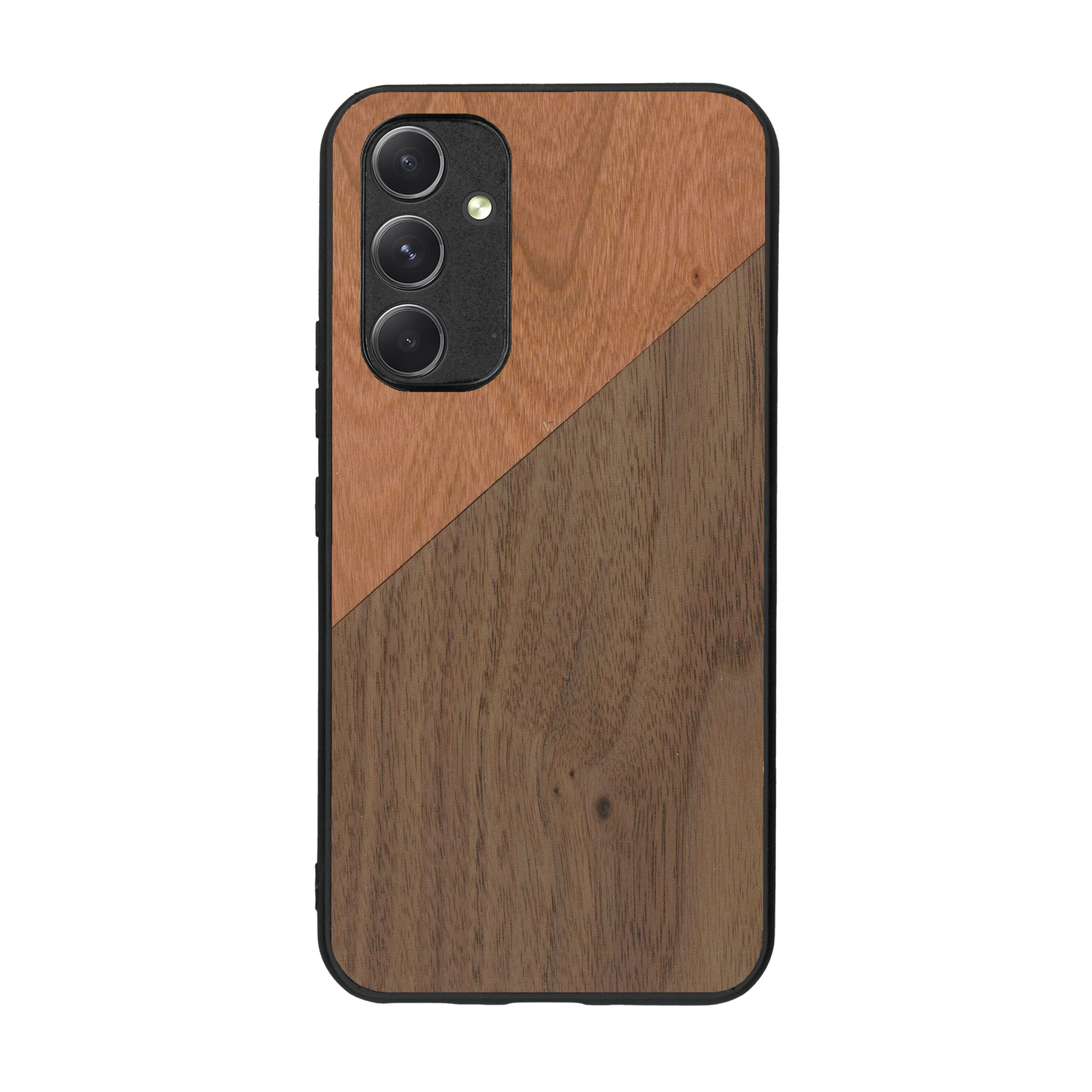 Coque de protection en bois véritable fabriquée en France pour  alliant du merisier et du noyer formant chacun un triangle avec une jointure en diagonale sur le thème de l'art abstrait