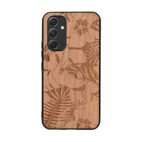 Coque de protection en bois véritable fabriquée en France pour Samsung A54 5G sur le thème de la nature et des animaux représentant un flamant rose entre des fougères