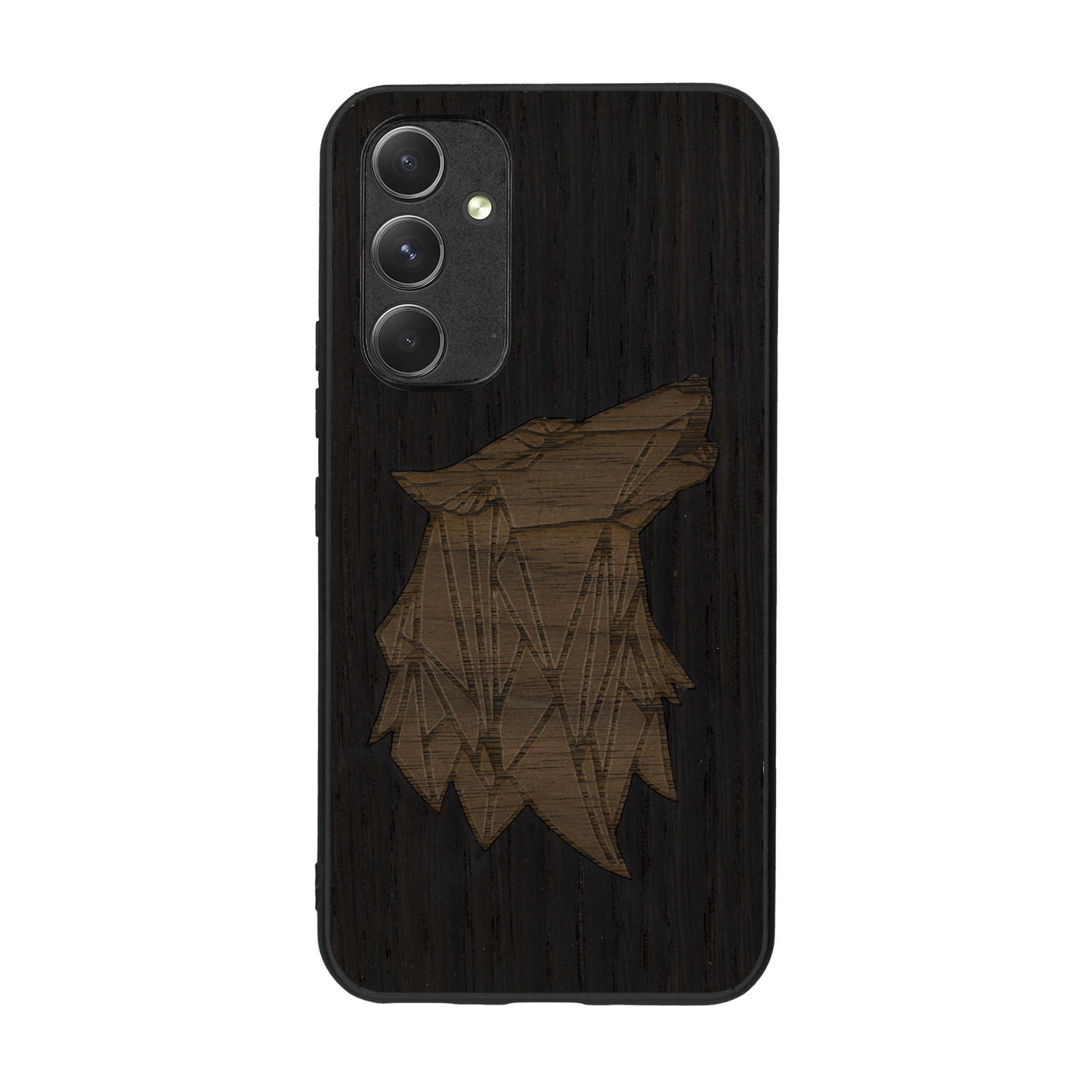 Coque de protection en bois véritable fabriquée en France pour  alliant du chêne fumé et du noyer représentant une tête de loup géométrique de profil sur le thème des animaux et de la nature