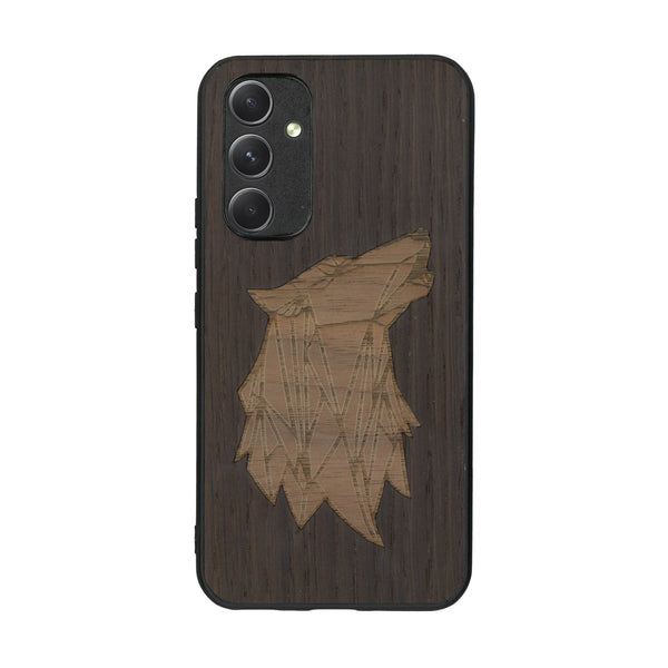 Coque de protection en bois véritable fabriquée en France pour Samsung A54 5G alliant du chêne fumé et du noyer représentant une tête de loup géométrique de profil sur le thème des animaux et de la nature