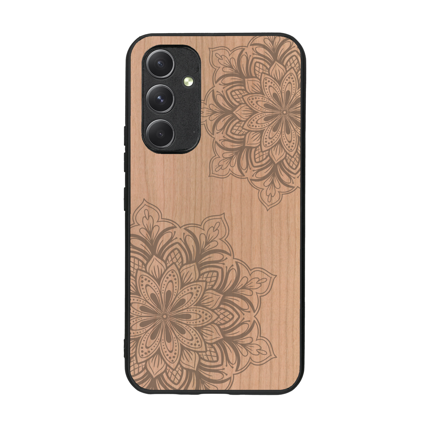 Coque de protection en bois véritable fabriquée en France pour  sur le thème de la bohème et du tatouage au henné avec une gravure représentant un mandala
