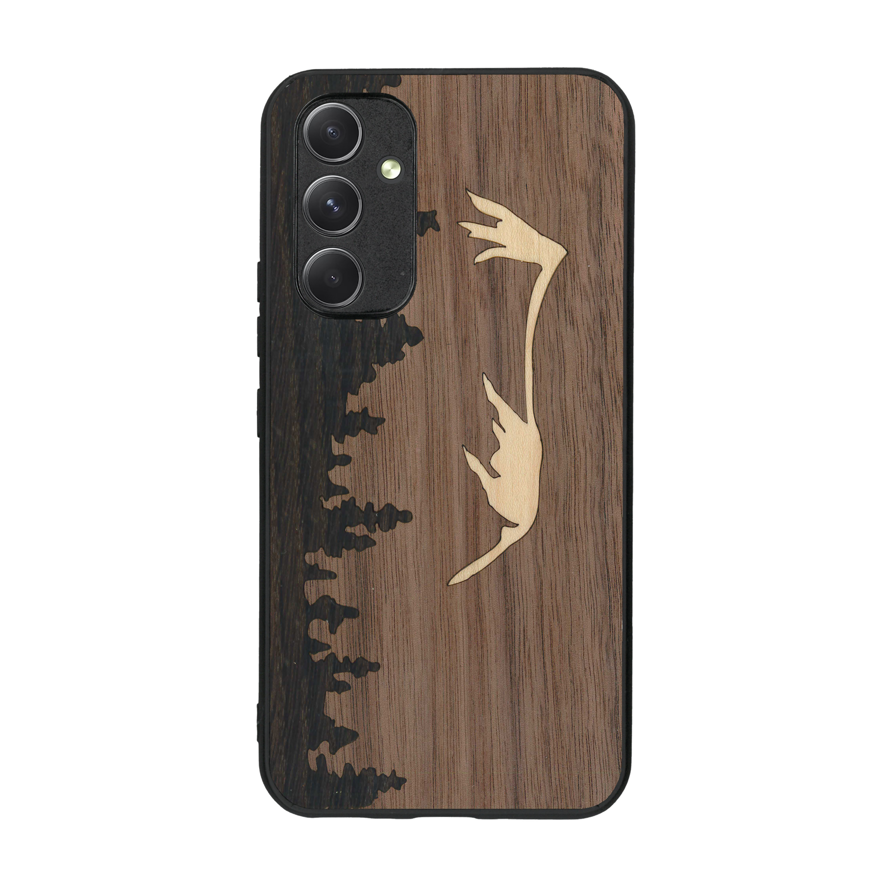 Coque de protection en bois véritable fabriquée en France pour  sur le thème de la nature et de la montagne qui allie du chêne fumé, du noyer et du bambou représentant le mont mézenc