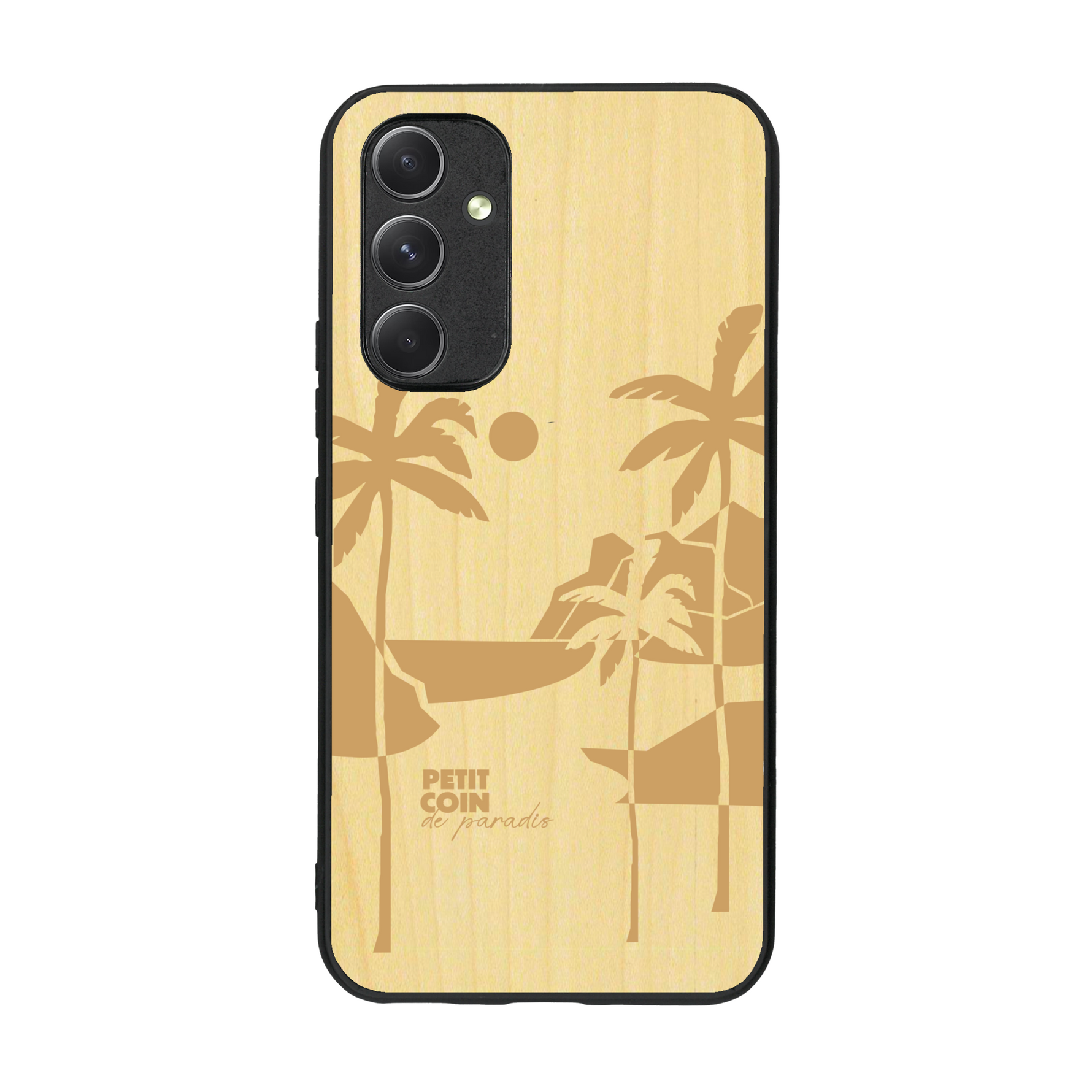 Coque de protection en bois véritable fabriquée en France pour  sur le thème des voyages en vans, vanlife et chill avec une gravure représentant un van vw combi devant le soleil couchant sur une plage avec des vagues