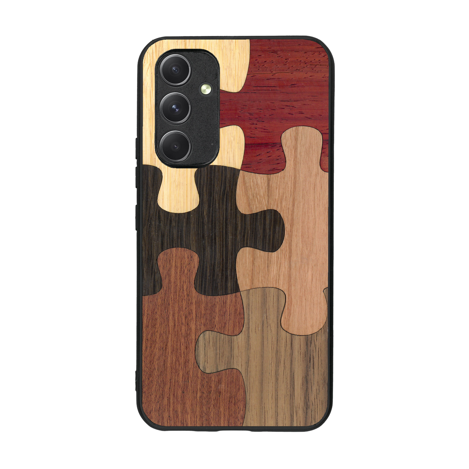 Coque de protection en bois véritable fabriquée en France pour  représentant un puzzle en six pièces qui allie du chêne fumé, du noyer, du bambou, du padouk, du merisier et de l'acajou
