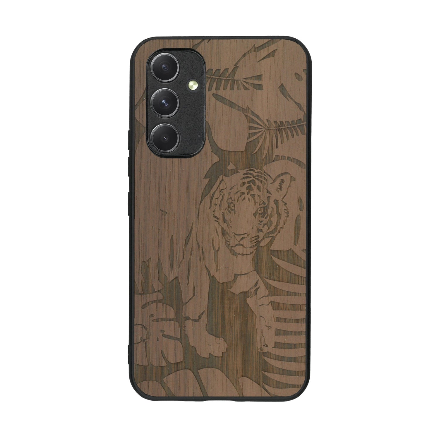 Coque de protection en bois véritable fabriquée en France pour Samsung A54 5G sur le thème de la nature et des animaux représentant un tigre dans la jungle entre des fougères