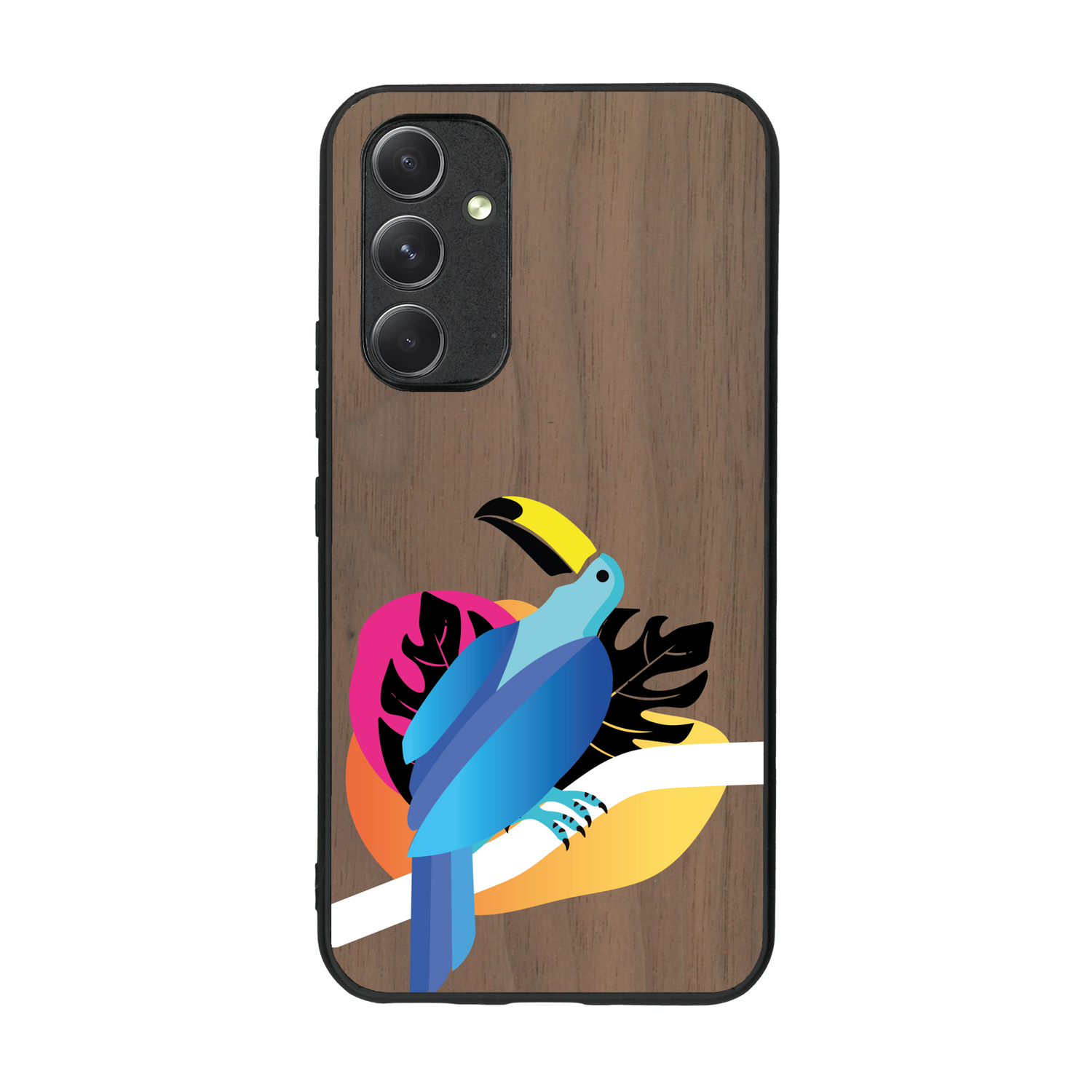 Coque de protection en bois véritable fabriquée en France pour Samsung A54 5G représentant un toucan coloré avec un design moderne et minimaliste sur le thème de la jungle et de la nature