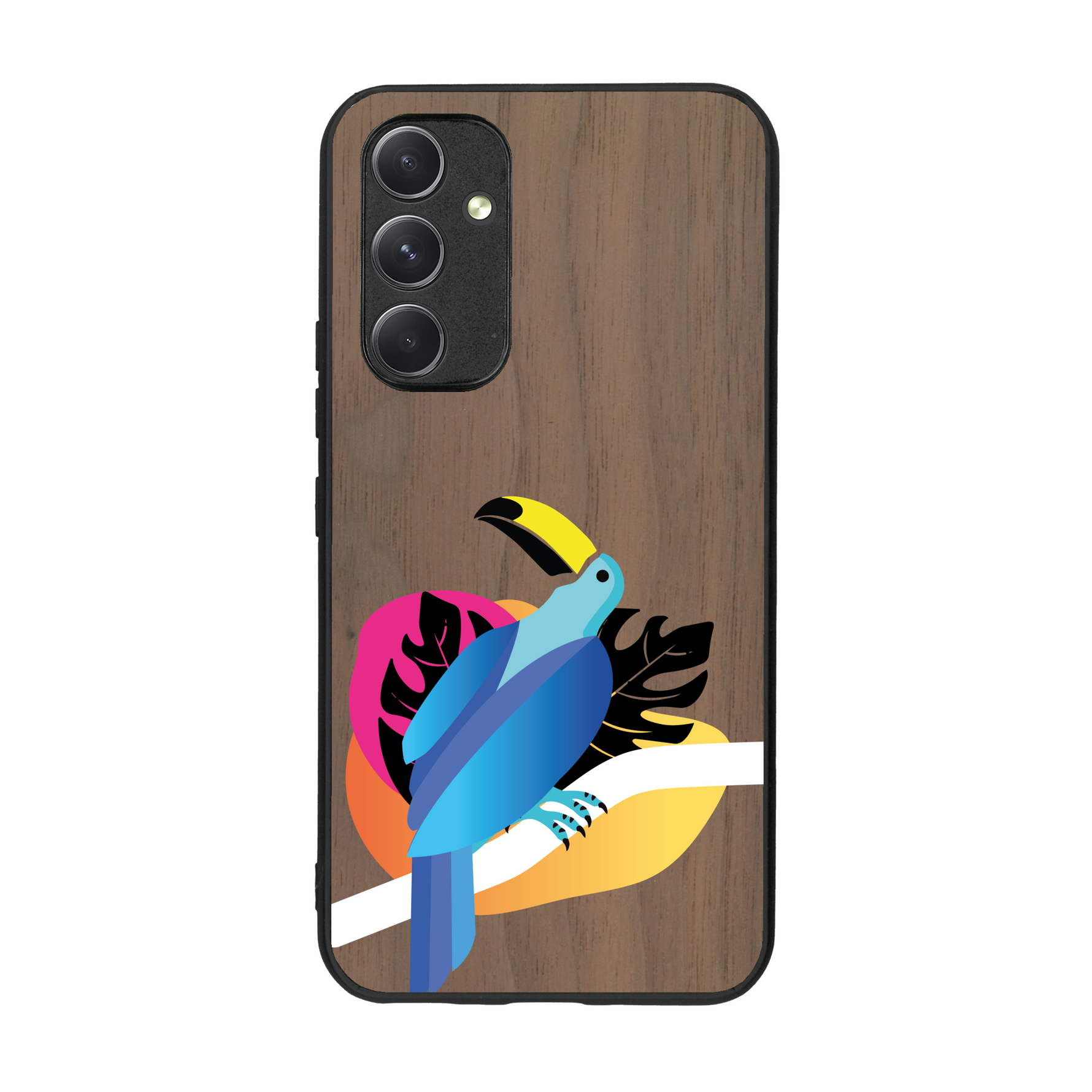 Coque de protection en bois véritable fabriquée en France pour Samsung A54 5G représentant un toucan coloré avec un design moderne et minimaliste sur le thème de la jungle et de la nature