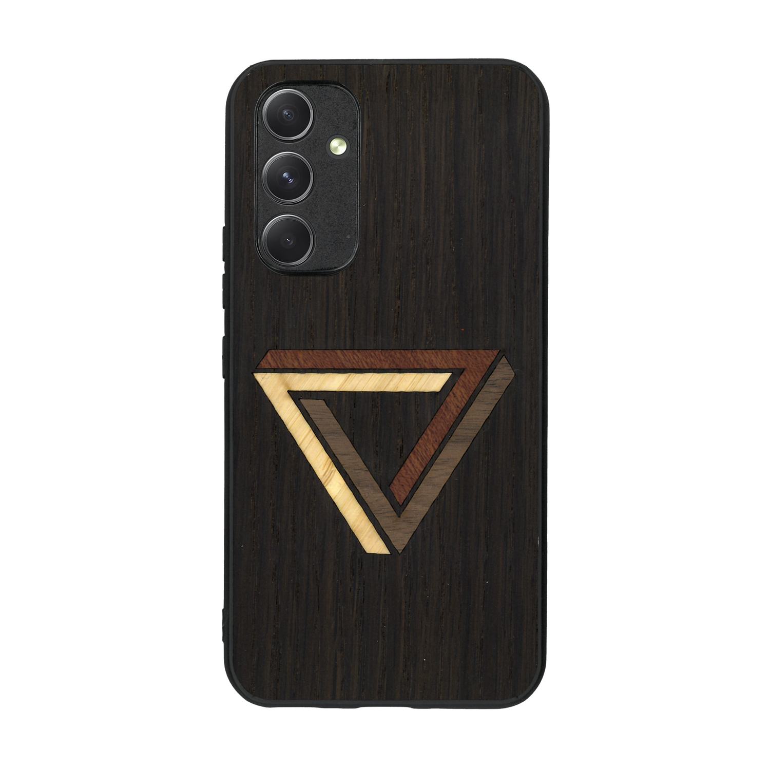 Coque de protection en bois véritable fabriquée en France pour  sur le thème de l'art géométrique qui allie du chêne fumé, du noyer, du bambou et du padouk représentant le triangle de penrose
