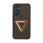 Coque de protection en bois véritable fabriquée en France pour Samsung A54 5G sur le thème de l'art géométrique qui allie du chêne fumé, du noyer, du bambou et du padouk représentant le triangle de penrose